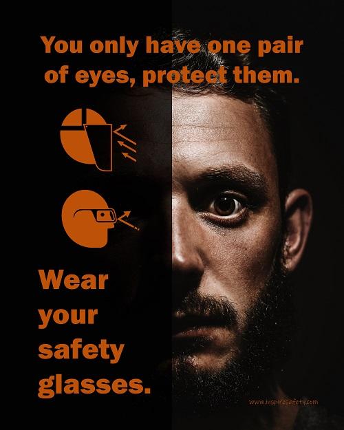 An eye safety poster of a close up of a mans face with his eyes wide open with text and PPE infographics covering his left eye.