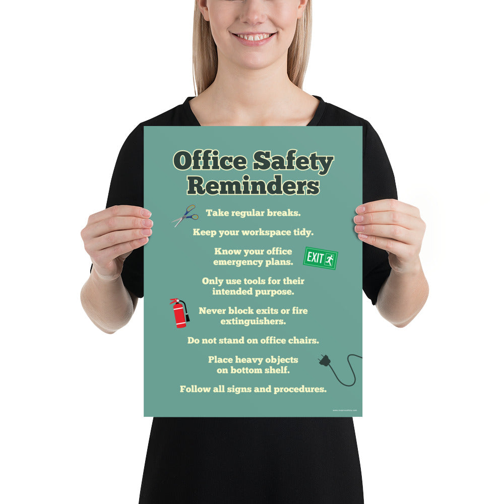 An office safety poster with a muted teal background and large text saying "Office Safety Reminders" with a list underneath it of various office safety tips.