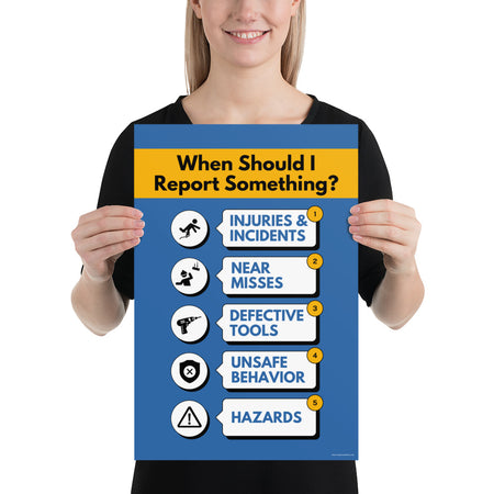 A blue workplace safety poster with a vivid orange title that says "When Should I Report Something?" with 5 scenarios depicted with infographics on when you should report an incident to a supervisor.