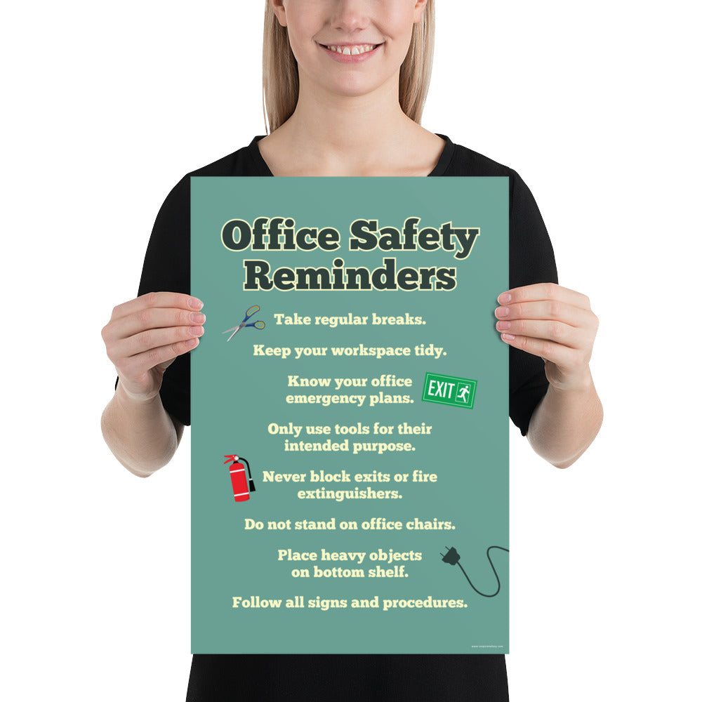 An office safety poster with a muted teal background and large text saying "Office Safety Reminders" with a list underneath it of various office safety tips.