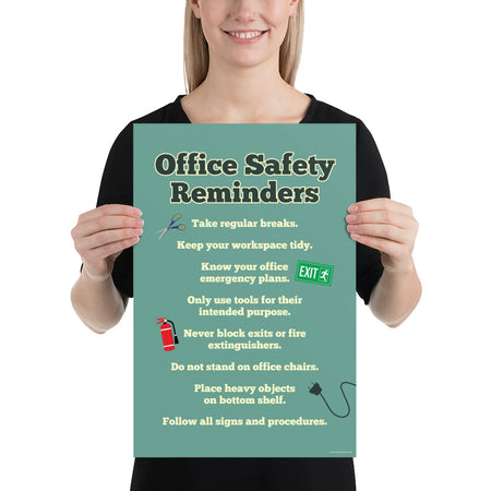 An office safety poster with a muted teal background and large text saying "Office Safety Reminders" with a list underneath it of various office safety tips.