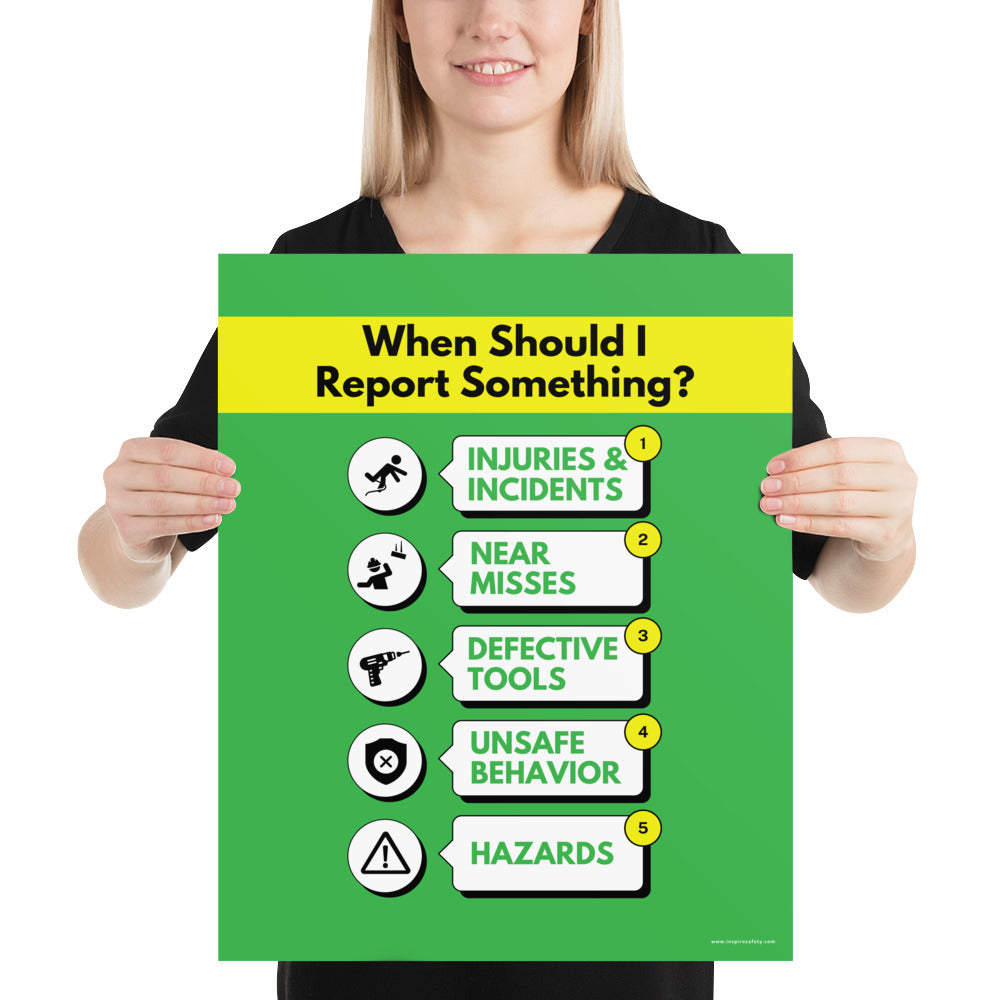 A bright green workplace safety poster with a vivid yellow title that says "When Should I Report Something?" with 5 scenarios depicted with infographics on when you should report an incident to a supervisor.