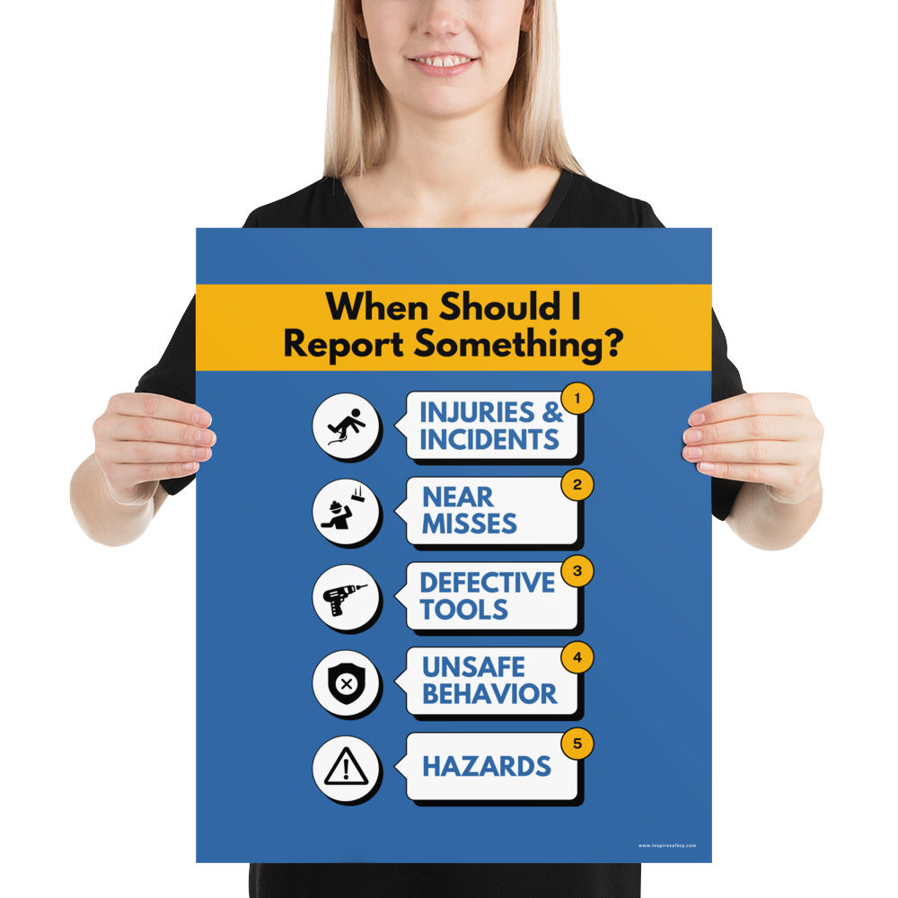 A blue workplace safety poster with a vivid orange title that says "When Should I Report Something?" with 5 scenarios depicted with infographics on when you should report an incident to a supervisor.