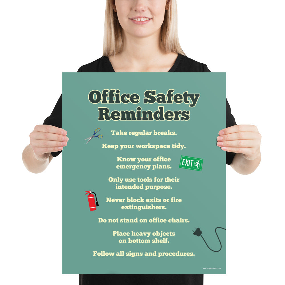 An office safety poster with a muted teal background and large text saying "Office Safety Reminders" with a list underneath it of various office safety tips.