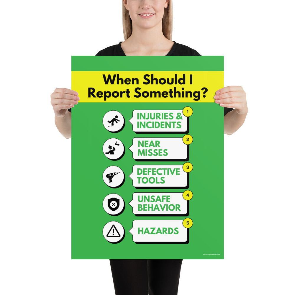 A bright green workplace safety poster with a vivid yellow title that says "When Should I Report Something?" with 5 scenarios depicted with infographics on when you should report an incident to a supervisor.