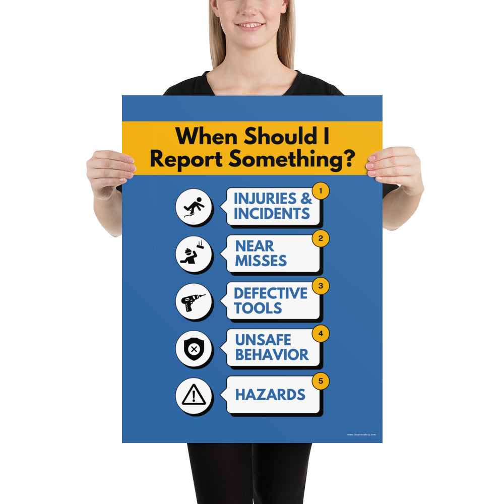 A blue workplace safety poster with a vivid orange title that says "When Should I Report Something?" with 5 scenarios depicted with infographics on when you should report an incident to a supervisor.