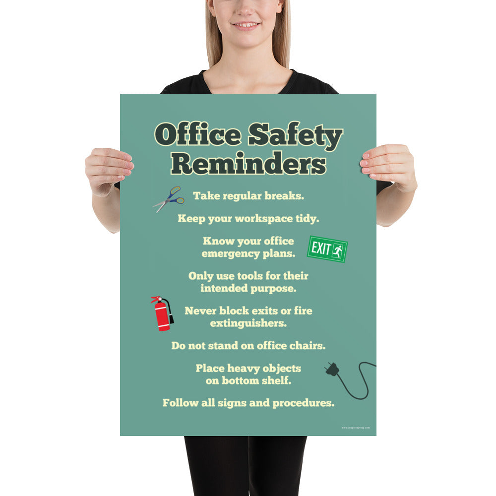 An office safety poster with a muted teal background and large text saying "Office Safety Reminders" with a list underneath it of various office safety tips.