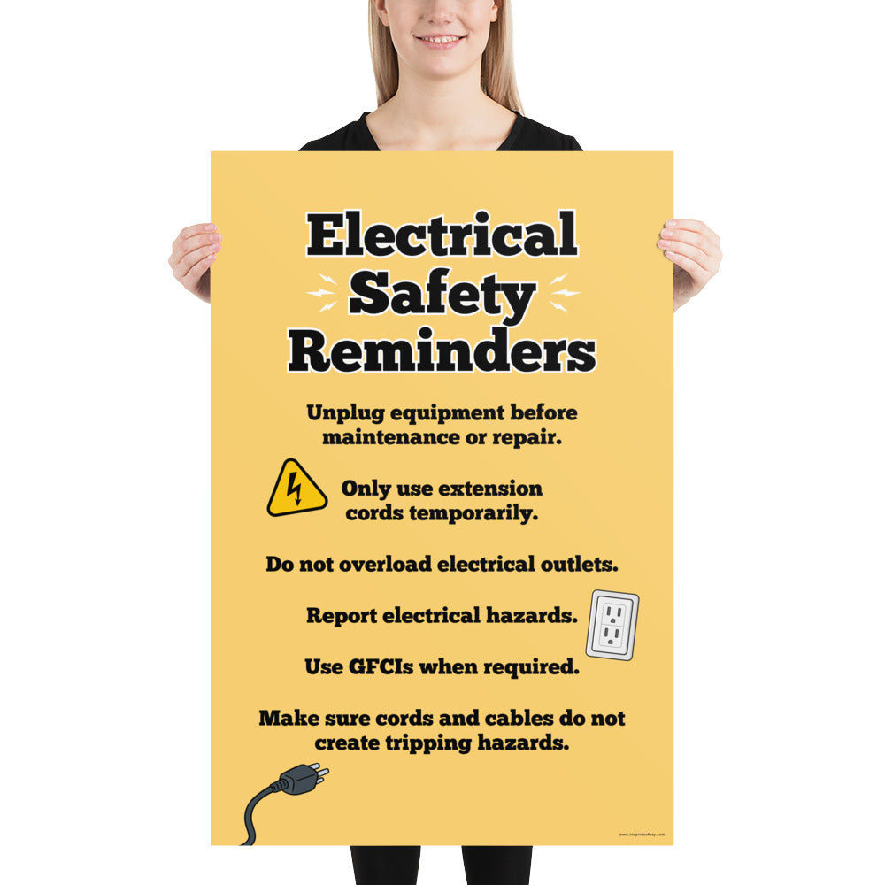 A workplace safety poster with a light gold background and large text saying "Electrical Safety Reminders" with a list underneath it of various electrical safety tips.