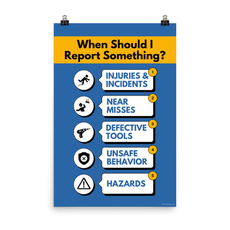 A blue workplace safety poster with a vivid orange title that says "When Should I Report Something?" with 5 scenarios depicted with infographics on when you should report an incident to a supervisor.