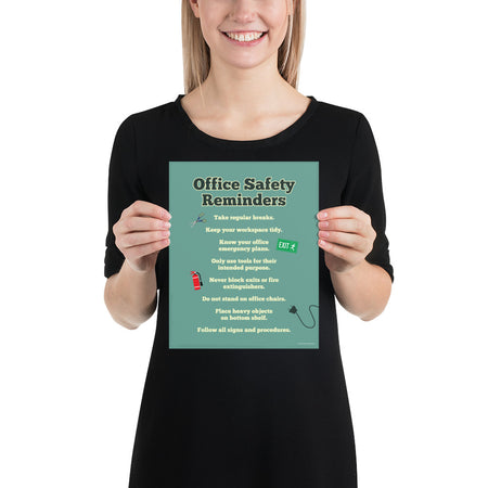 An office safety poster with a muted teal background and large text saying "Office Safety Reminders" with a list underneath it of various office safety tips.