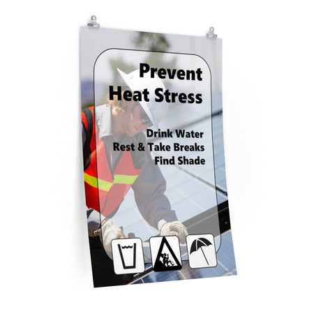 A heat stress safety poster with a construction worker working outside in the heat with text and infographics in the foreground depicting water, rest, and shade.