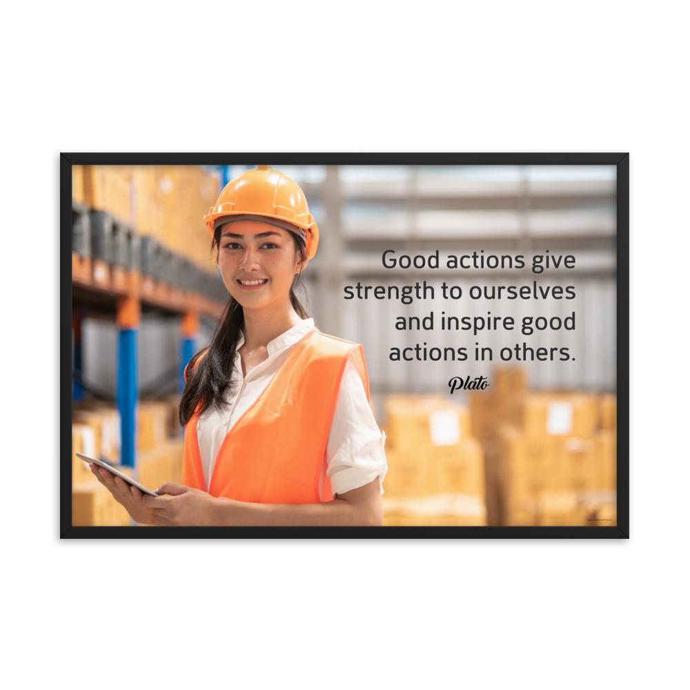 Safety poster showing a female warehouse worker smiling and wearing an orange reflective safety vest and orange hard hat with a safety quote written in dark text.