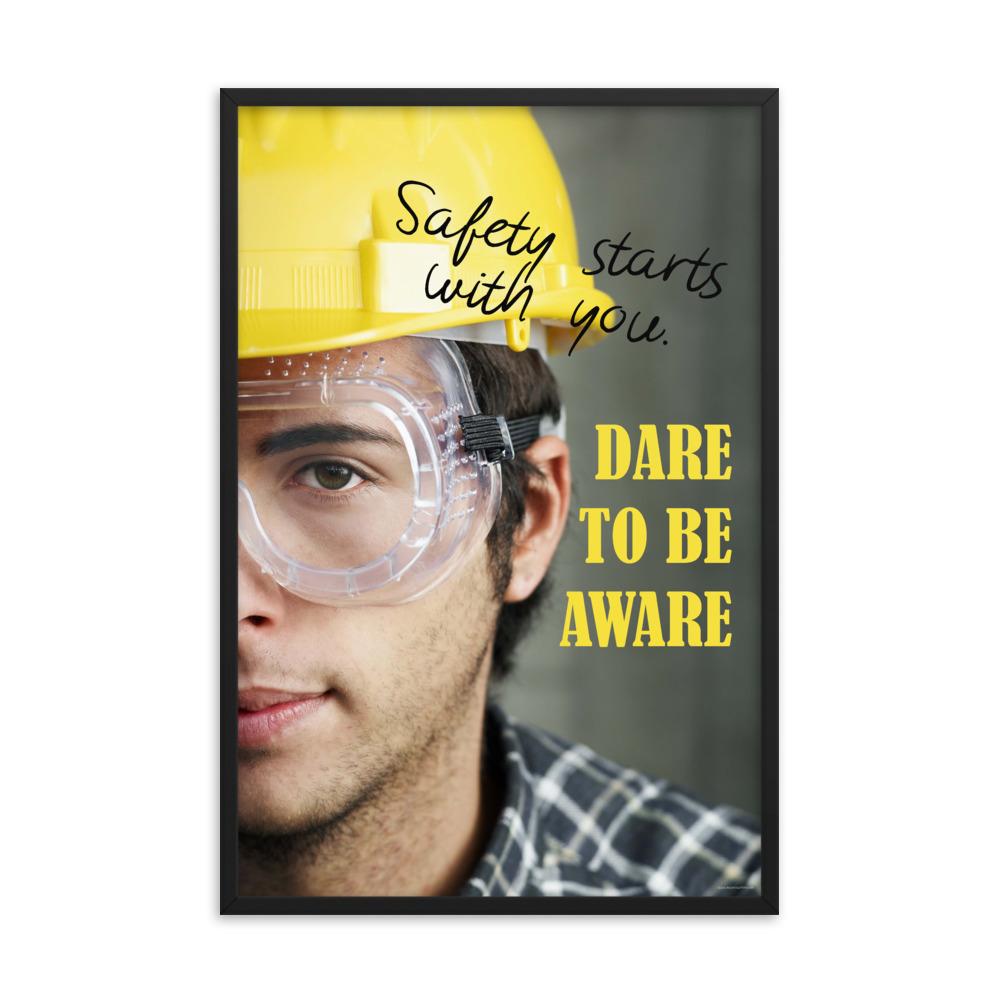 Safety poster showing a close up on half of a man's face wearing a yellow hard hat and safety glasses with text to the right.