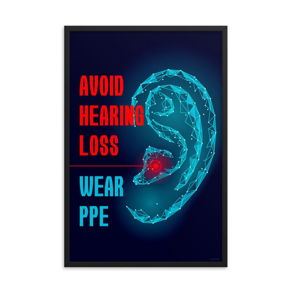 An ear safety poster depicting a geometric illustration of a glowing ear with a glowing red point inside the ear, as if it's been damaged, with a safety slogan to the left.