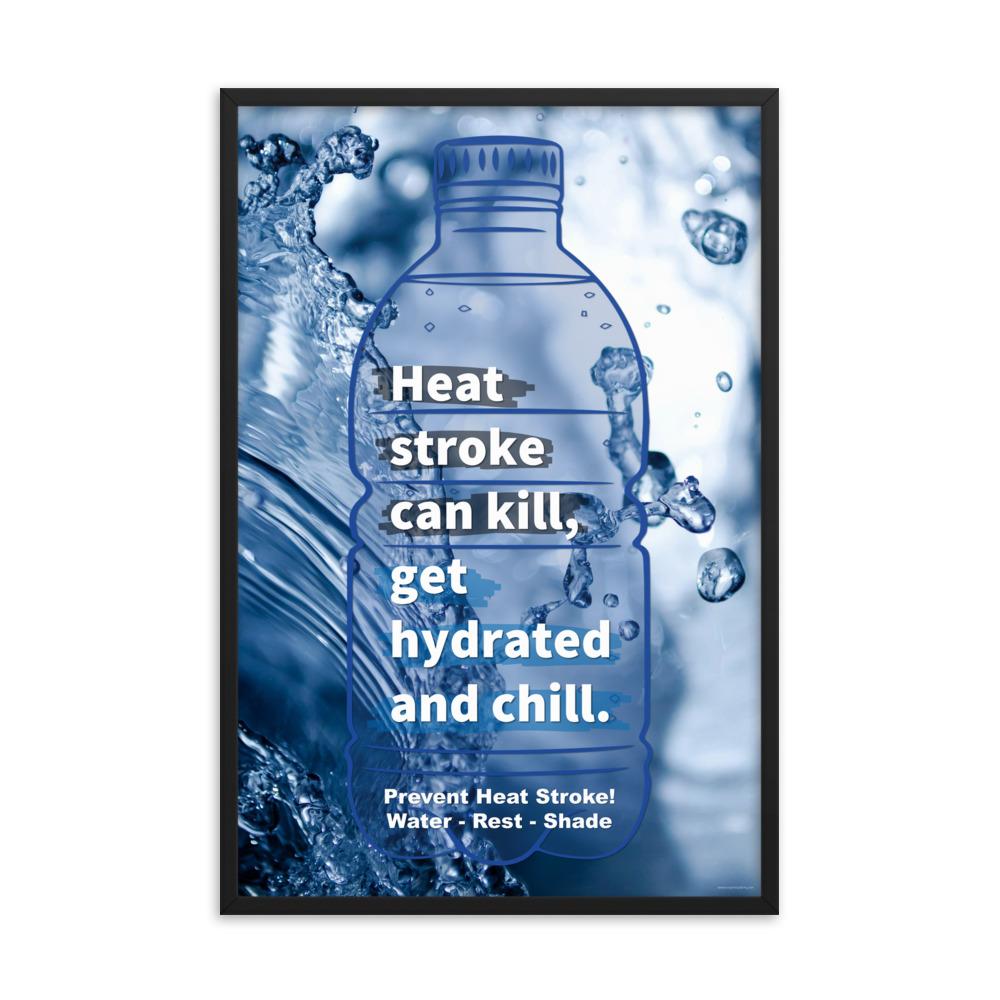 A heat stress safety poster with an outline of a water bottle and and an image of water splashes in the background with safety slogan text inside the water bottle.