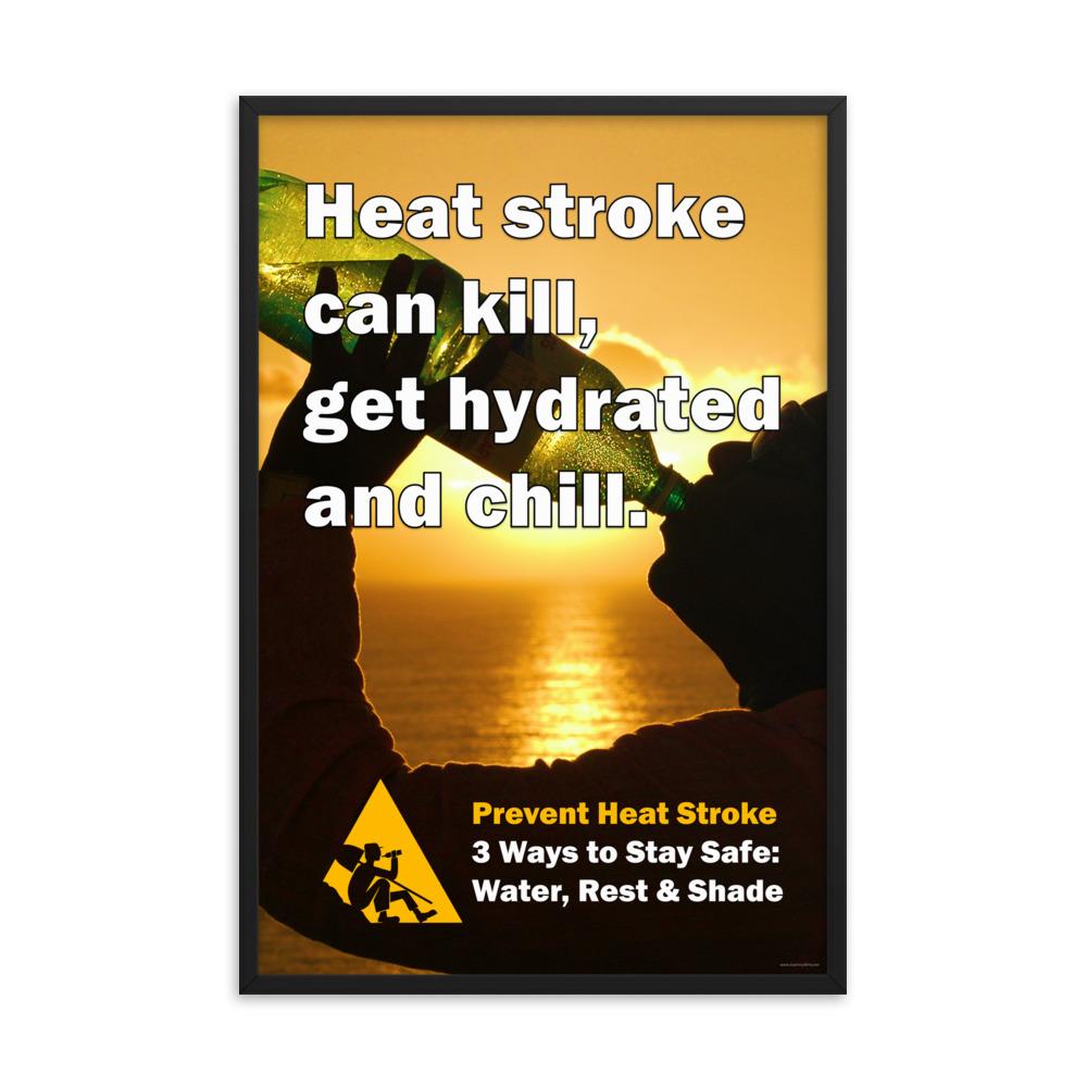 A heat stress safety poster of a person at sunset silhouetted and drinking water from a huge water bottle with text in the foreground.