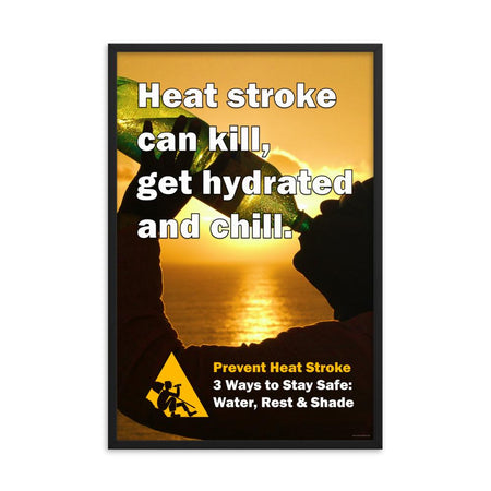 A heat stress safety poster of a person at sunset silhouetted and drinking water from a huge water bottle with text in the foreground.