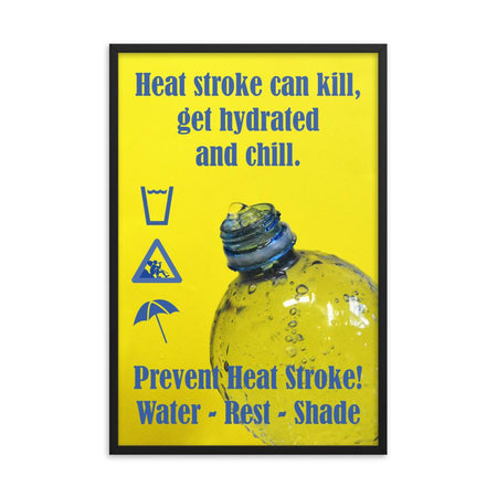 A neon yellow heat stress safety poster with bright blue text and infographics all around a close up of an opening of a water bottle.