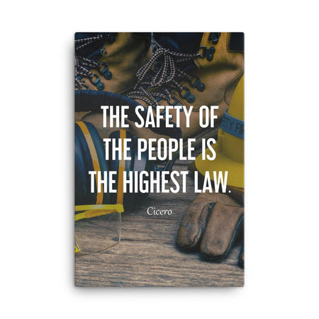 A safety poster showing a close-up of various PPE including safety glasses, ear muffs, gloves, a hard hat, and work boots with the quote by Cicero in the foreground.