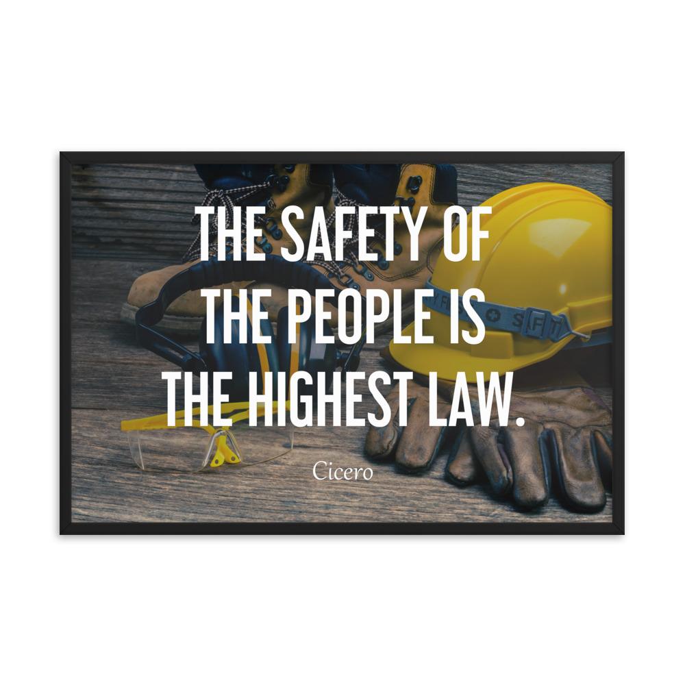 A safety poster showing a close-up of various PPE including safety glasses, ear muffs, gloves, a hard hat, and work boots with the quote by Cicero in the foreground.