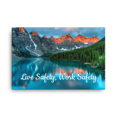 A workplace safety poster depicting a beautiful landscape of mountains with a river flowing down the side of the mountains into a bright blue pond with text saying live safely work safely.