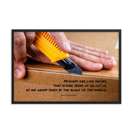 A workplace safety poster showing a close-up of hands opening a box using a boxcutter with a safety quote below the hands.