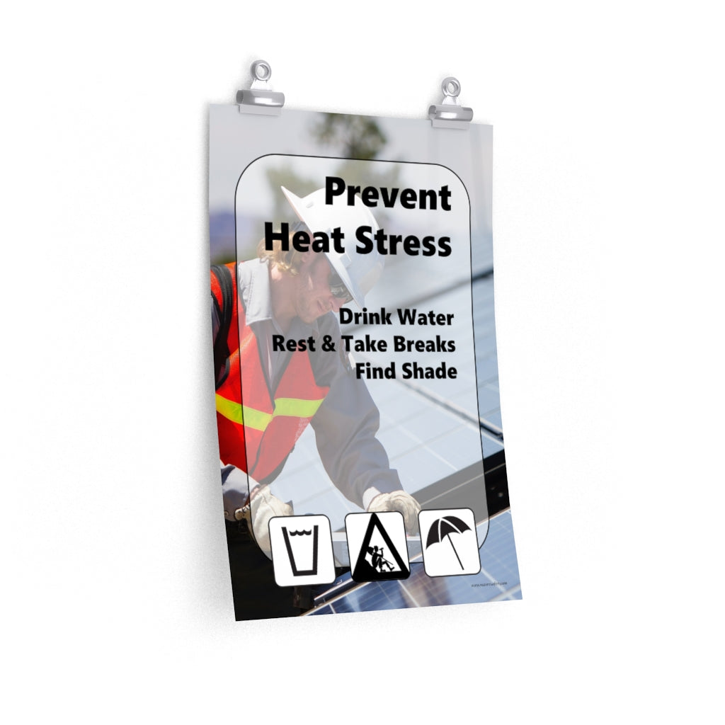 A heat stress safety poster with a construction worker working outside in the heat with text and infographics in the foreground depicting water, rest, and shade.