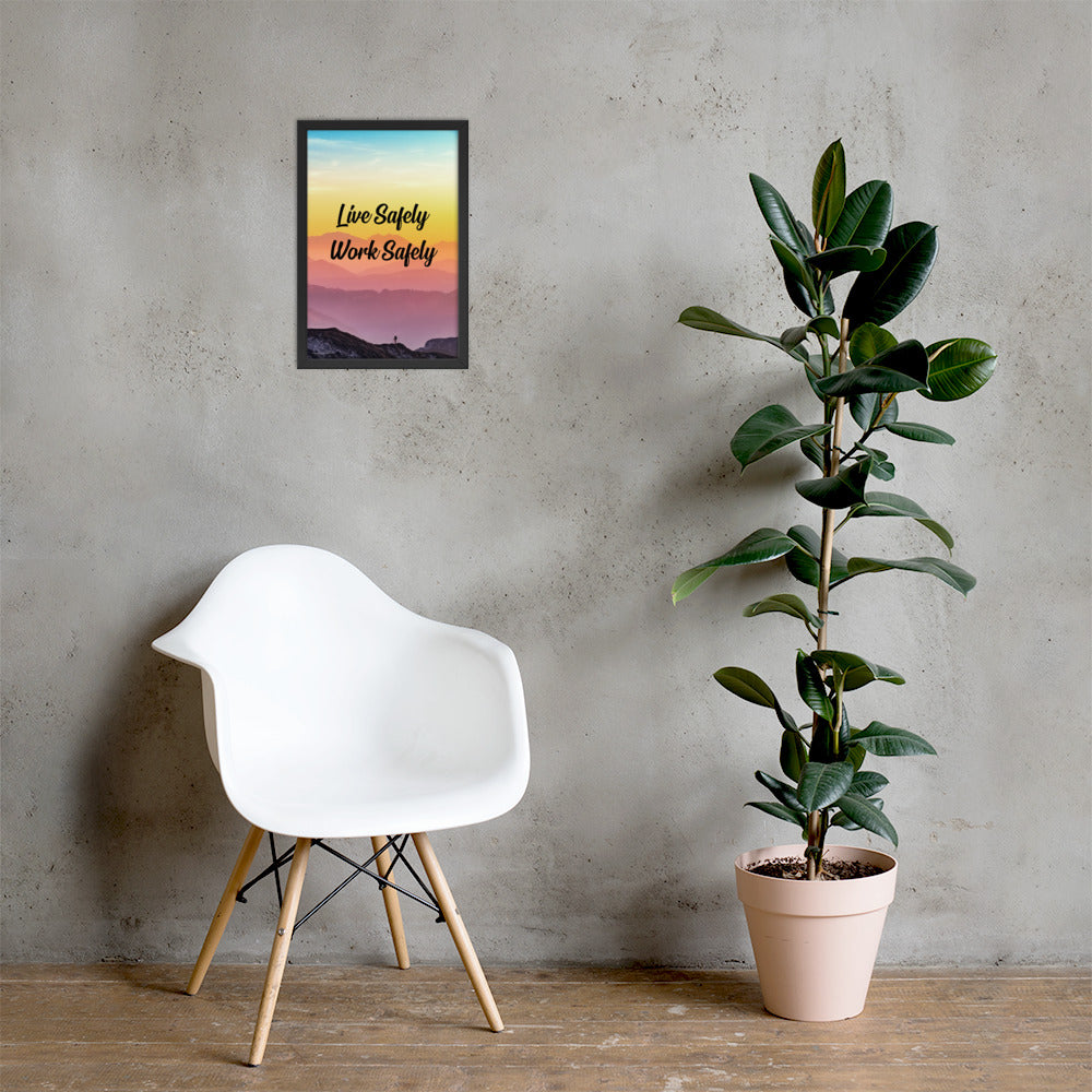A safety poster showing a mountain range with a beautiful gradient in the sky of blue, yellow, and pink with the safety slogan "Live Safely Work Safely."