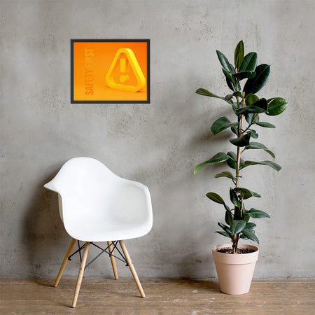 A safety poster showing a 3D looking bright yellow hazard symbol with the slogan "Safety First."