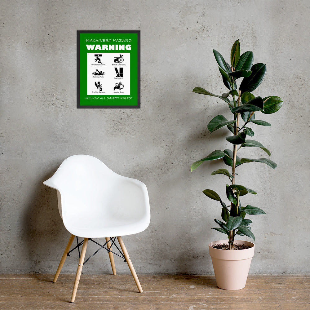 A green machinery hazard warning sign with infographics of 6 various possible injuries.