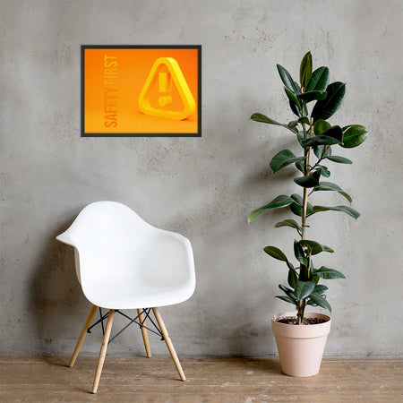 A safety poster showing a 3D looking bright yellow hazard symbol with the slogan "Safety First."