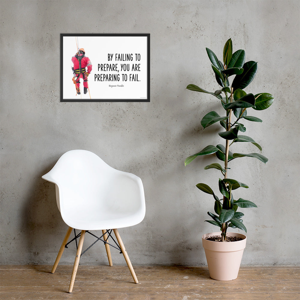 A safety poster showing a person in full fall protection gear with a quote by Ben Franklin that says "By failing to prepare, you are preparing to fail."