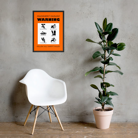 An orange machinery hazard warning sign with infographics of 6 various possible injuries.