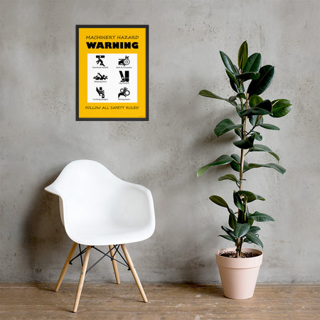 A yellow machinery hazard warning sign with infographics of 6 various possible injuries.