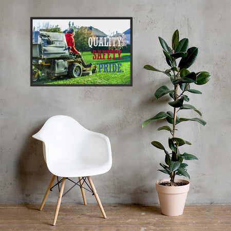 A workplace safety poster showing a man mowing a lawn on a sitting mower with the words quality, safety, pride in white, red, and blue, respectively.
