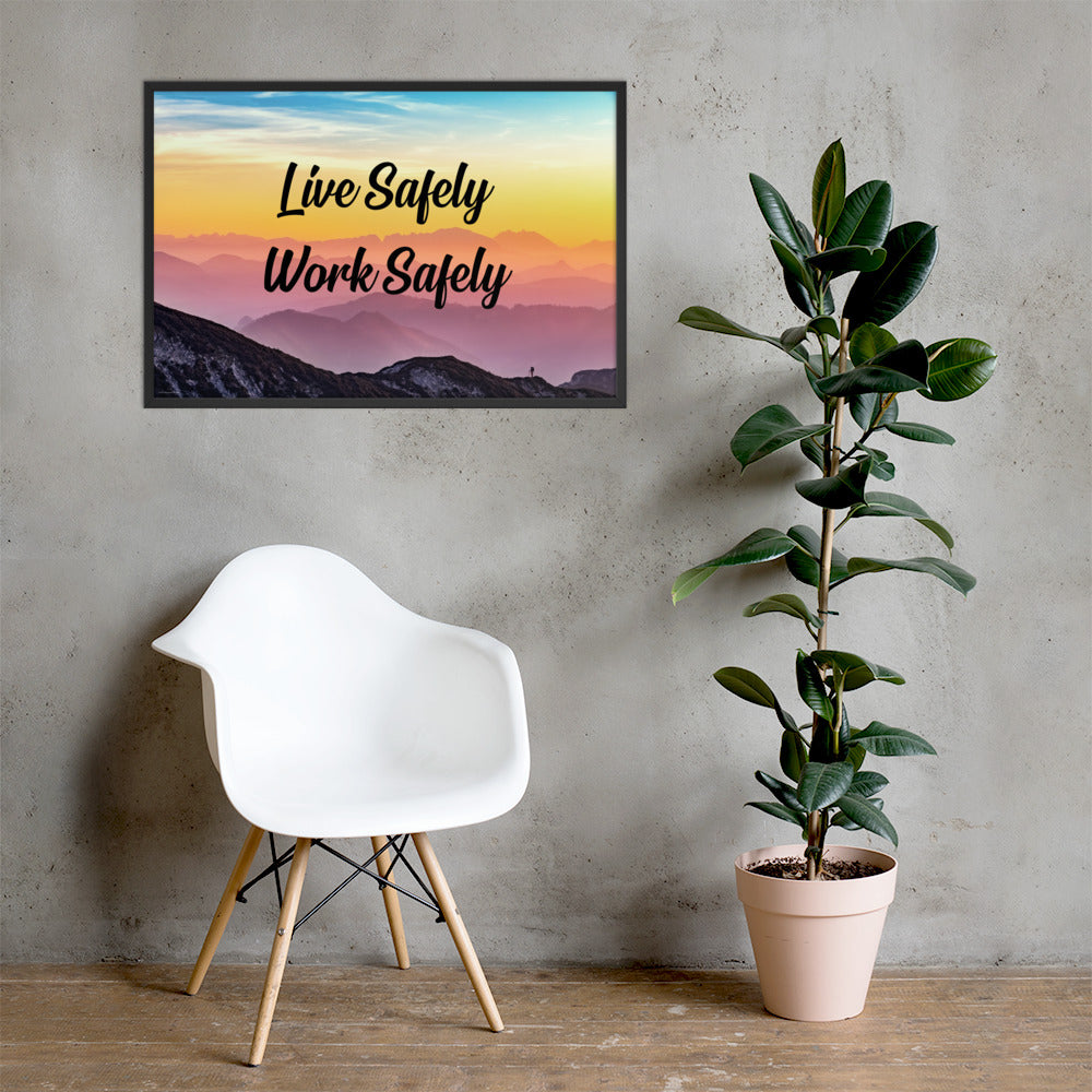 A safety poster showing a mountain range with a beautiful gradient in the sky of blue, yellow, and pink with the safety slogan "Live Safely Work Safely."