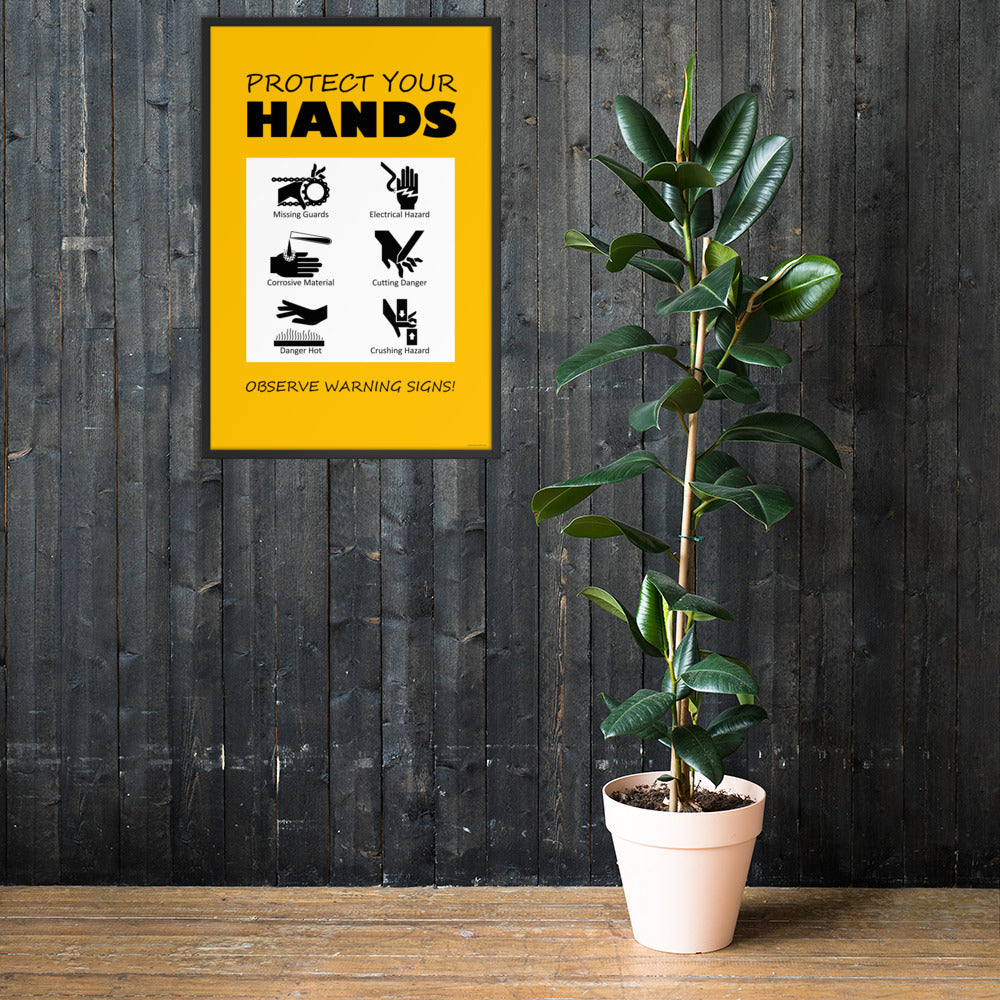 A yellow poster with bold black text that says "Protect your hands, observe warning signs" with 6 diagrams of hands being injured in various ways.