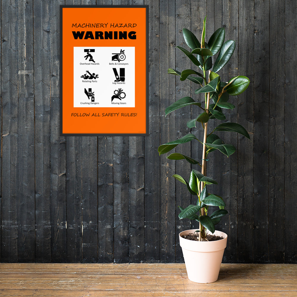 An orange machinery hazard warning sign with infographics of 6 various possible injuries.