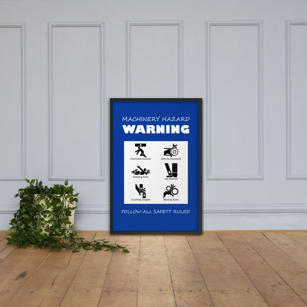 A blue machinery hazard warning sign with infographics of 6 various possible injuries.