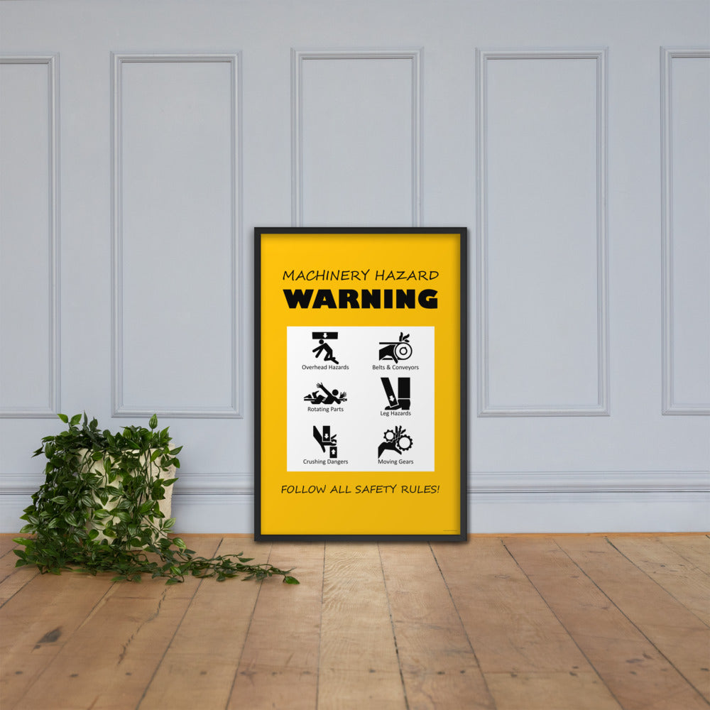 A yellow machinery hazard warning sign with infographics of 6 various possible injuries.
