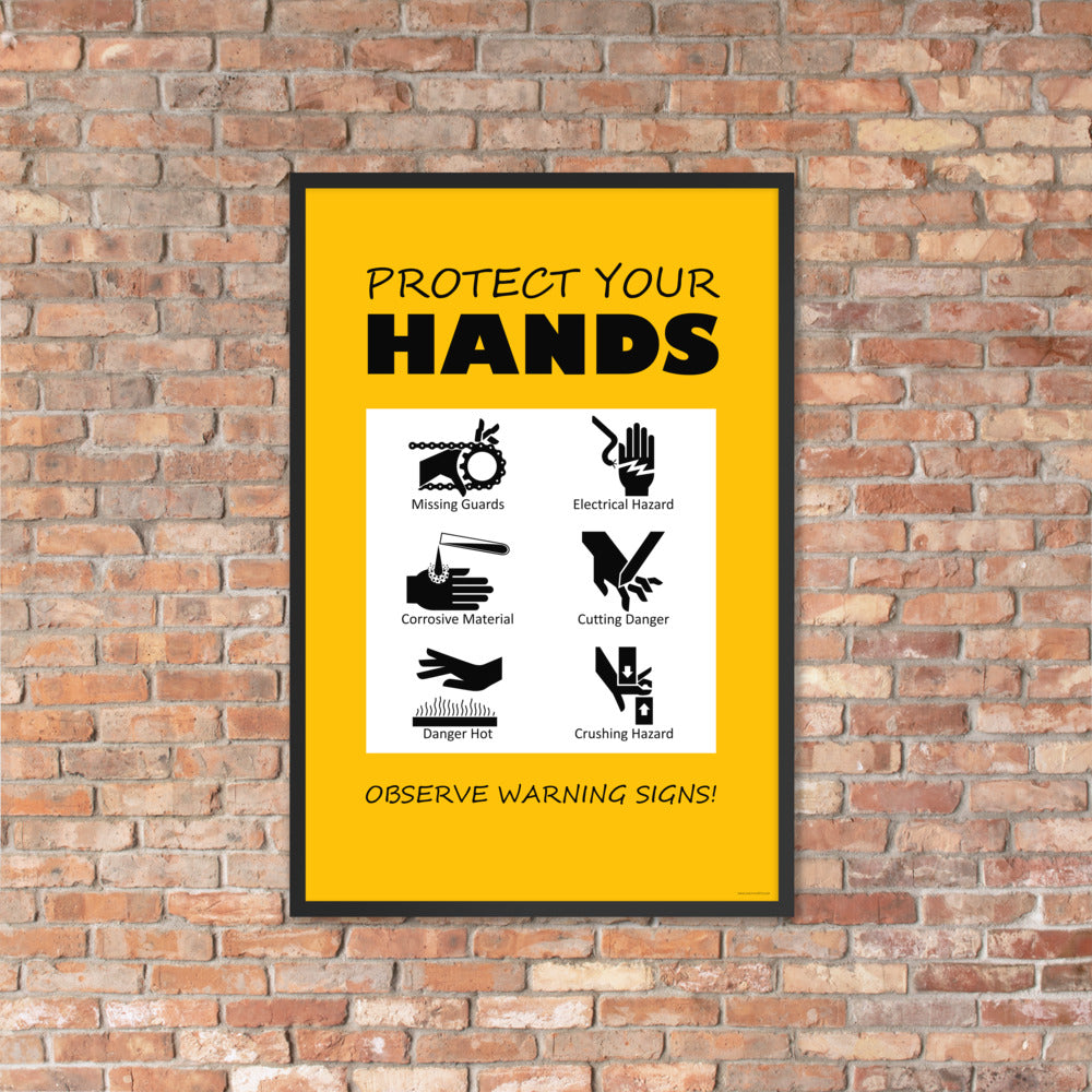 A yellow poster with bold black text that says "Protect your hands, observe warning signs" with 6 diagrams of hands being injured in various ways.