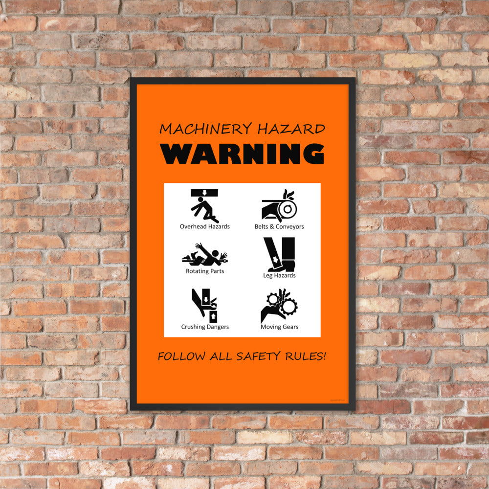 An orange machinery hazard warning sign with infographics of 6 various possible injuries.