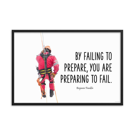 A safety poster showing a person in full fall protection gear with a quote by Ben Franklin that says "By failing to prepare, you are preparing to fail."