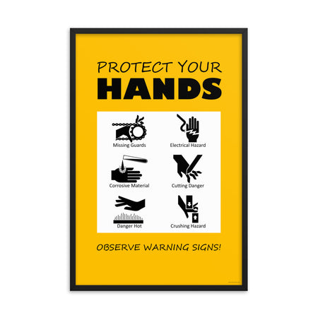 A yellow poster with bold black text that says "Protect your hands, observe warning signs" with 6 diagrams of hands being injured in various ways.