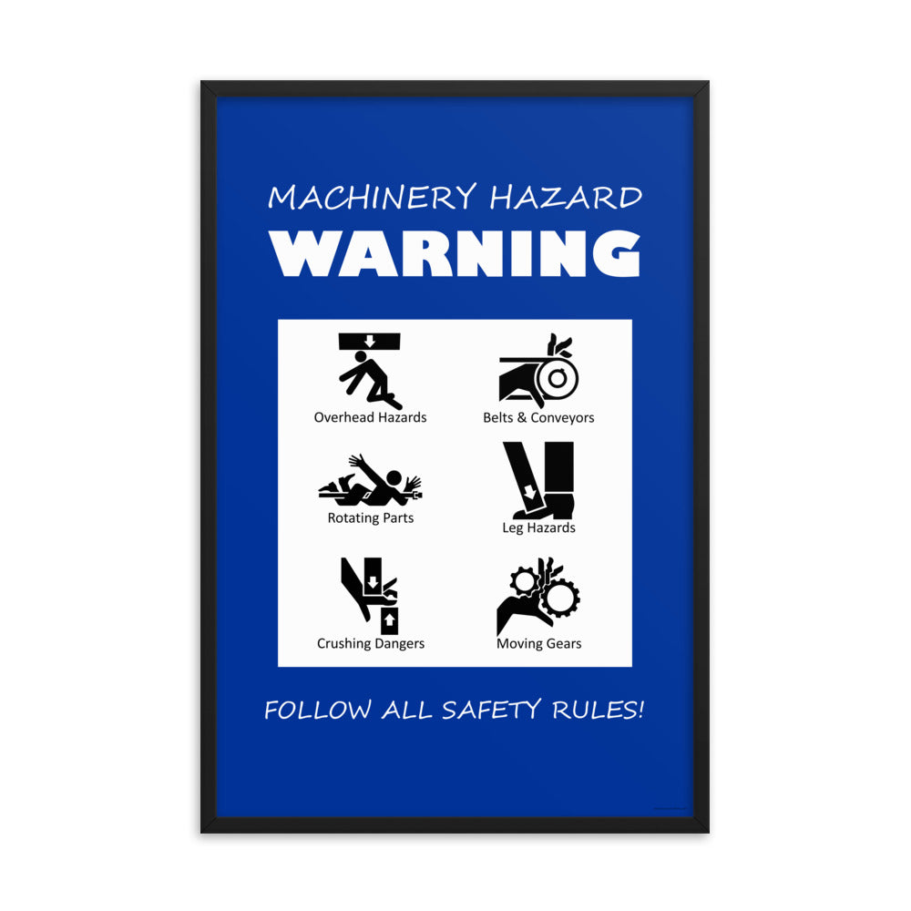 A blue machinery hazard warning sign with infographics of 6 various possible injuries.