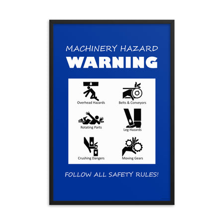 A blue machinery hazard warning sign with infographics of 6 various possible injuries.