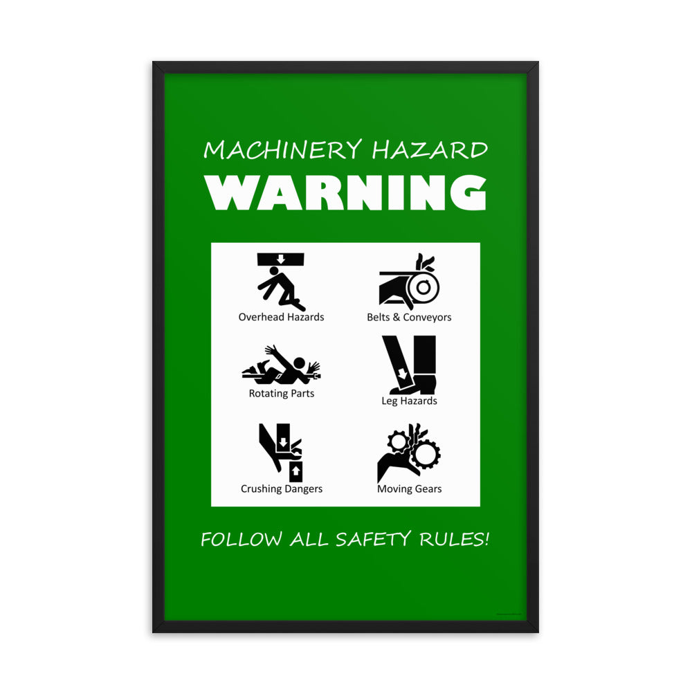 A green machinery hazard warning sign with infographics of 6 various possible injuries.
