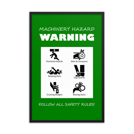 A green machinery hazard warning sign with infographics of 6 various possible injuries.
