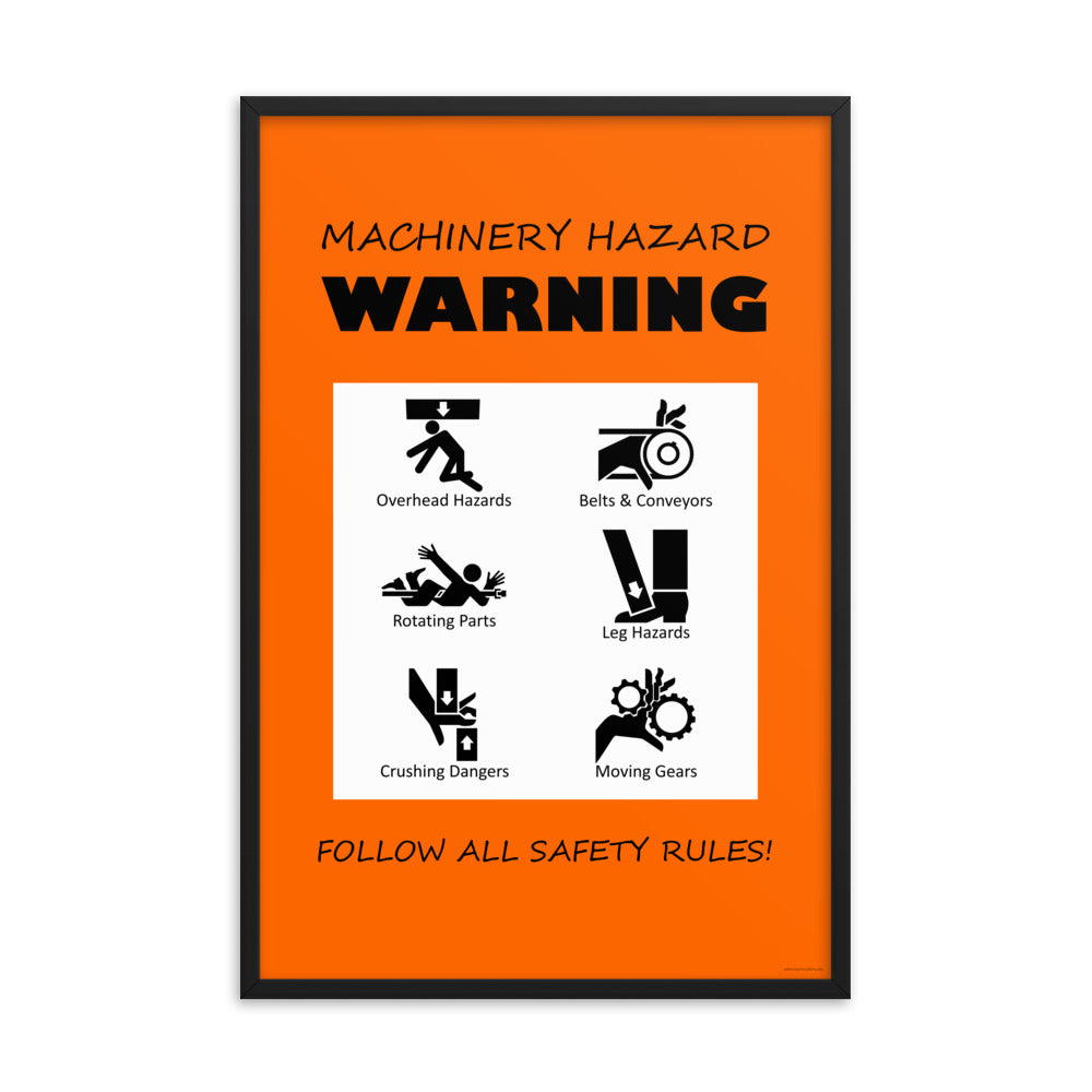 An orange machinery hazard warning sign with infographics of 6 various possible injuries.