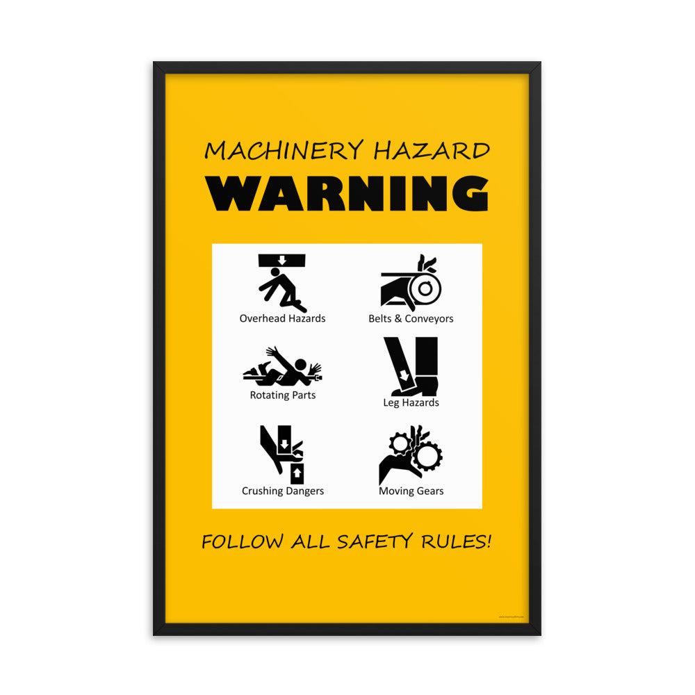 A yellow machinery hazard warning sign with infographics of 6 various possible injuries.